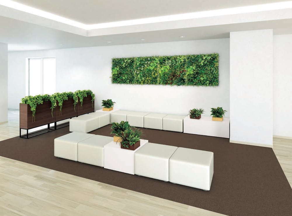 フェイクグリーン　壁面緑化　観葉植物の配置　休憩スペース