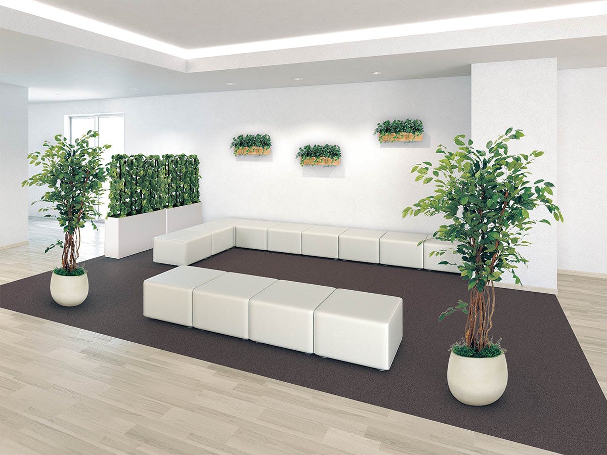 フェイクグリーン　壁面緑化　観葉植物の配置　休憩スペース