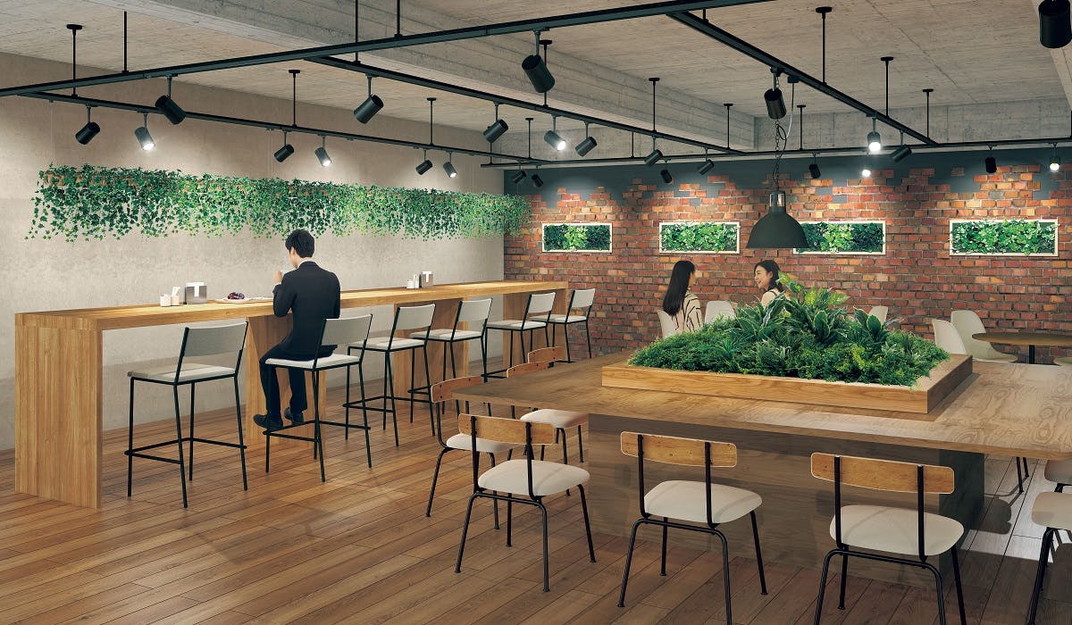 パブリック施設_カフェ_グリーンパネル_グリーンポット