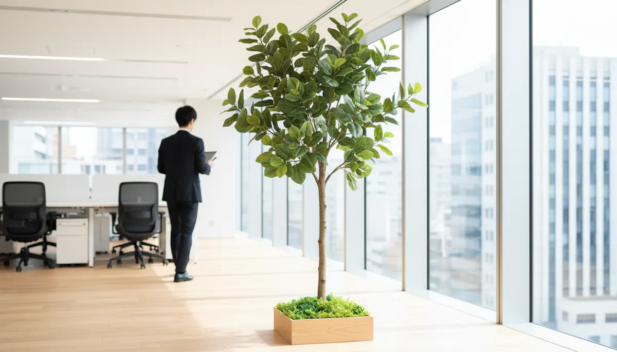 オフィスの窓際に置かれた人工樹木と、その横を通り過ぎる社員