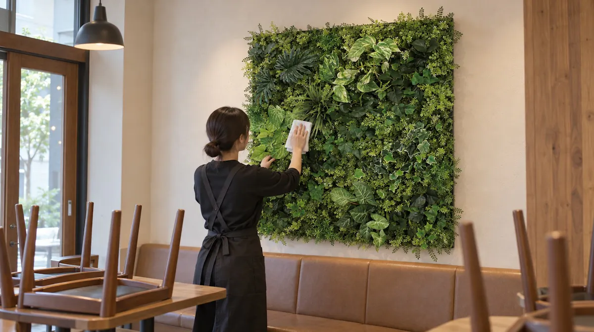 開店前の店内でスタッフが壁面のグリーンパネルを乾拭きしている様子