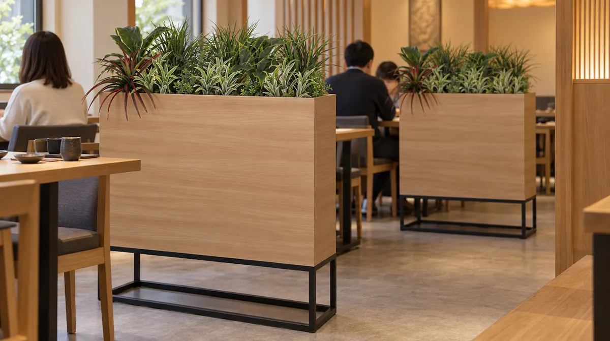 テーブル席の間をBOXプランターで仕切った客席